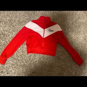Red and white cropped zip up jacket